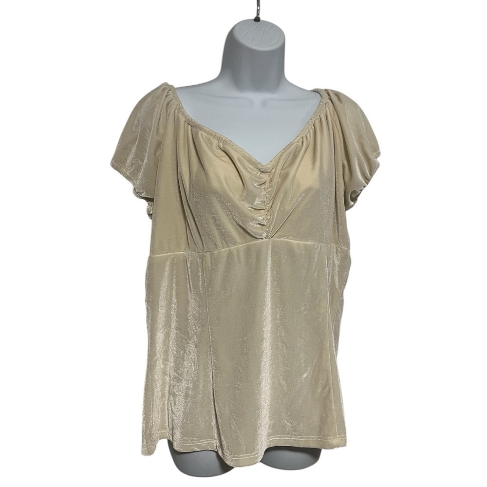 Pinup Couture Cream Short Sleeve V-Neck Blouse XL Velvet Sexy Babydoll
